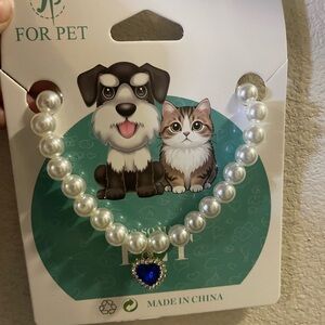 Pearl Cat Necklace with Blue Heart Charm